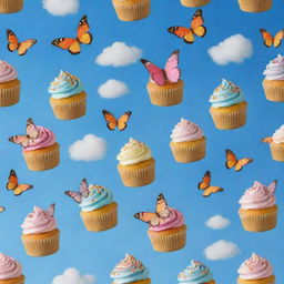 Depict an assortment of colorful cupcakes with butterfly wings, flying across a clear blue sky with fluffy clouds, creating a whimsical and magical scene.