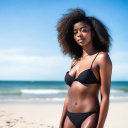 A beautiful ebony woman wearing a stylish bikini, standing confidently on a sunny beach