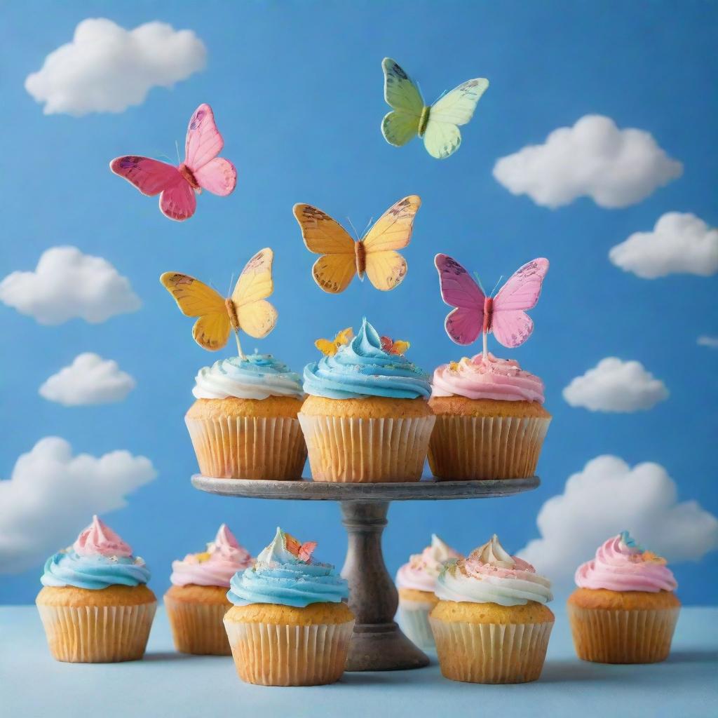 Depict an assortment of colorful cupcakes with butterfly wings, flying across a clear blue sky with fluffy clouds, creating a whimsical and magical scene.