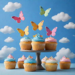 Depict an assortment of colorful cupcakes with butterfly wings, flying across a clear blue sky with fluffy clouds, creating a whimsical and magical scene.
