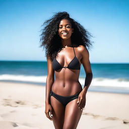 A beautiful ebony woman wearing a stylish bikini, standing confidently on a sunny beach