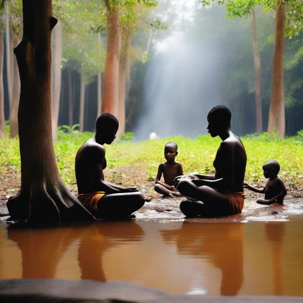 Crianças em um terreiro de umbanda, cada uma representando um dos quatro elementos: terra, ar, água e fogo