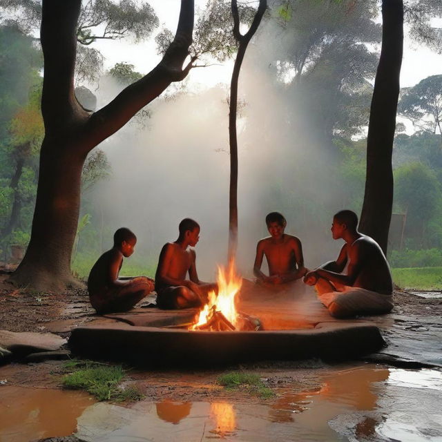 Crianças em um terreiro de umbanda, cada uma representando um dos quatro elementos: terra, ar, água e fogo