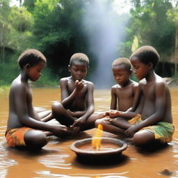 Crianças em um terreiro de umbanda, cada uma representando um dos quatro elementos: terra, ar, água e fogo