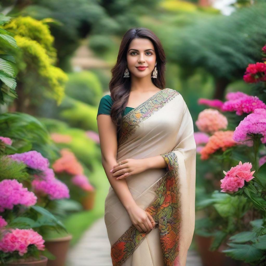 A stunning Brazilian woman wearing an elegant saree, standing confidently in a picturesque garden