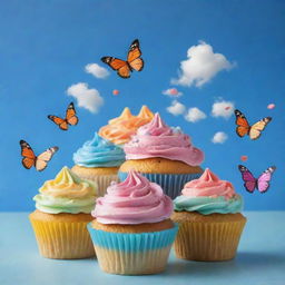 Depict an assortment of colorful cupcakes with butterfly wings, flying across a clear blue sky with fluffy clouds, creating a whimsical and magical scene.