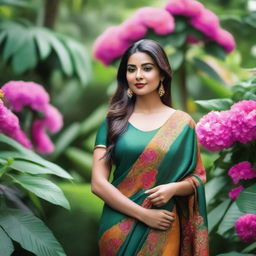 A stunning Brazilian woman wearing an elegant saree, standing confidently in a picturesque garden