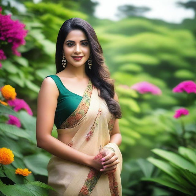 A stunning Brazilian woman wearing an elegant saree, standing confidently in a picturesque garden