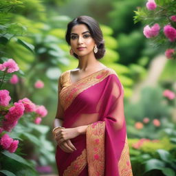 A stunning Brazilian woman wearing an elegant saree, standing confidently in a picturesque garden