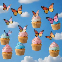 Depict an assortment of colorful cupcakes with butterfly wings, flying across a clear blue sky with fluffy clouds, creating a whimsical and magical scene.