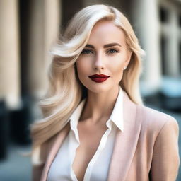 A beautiful blonde woman with a confident and elegant demeanor, wearing stylish clothing