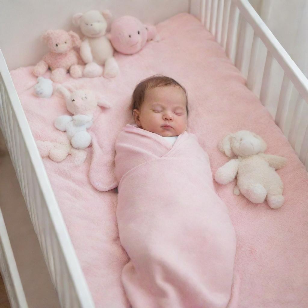 An adorable baby girl, wrapped in a soft pastel pink blanket, peacefully sleeping in a baby cot surrounded by plush soft toys.