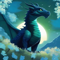 A majestic black dragon with dark blue eyes soaring through the night sky