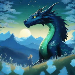 A majestic black dragon with dark blue eyes soaring through the night sky