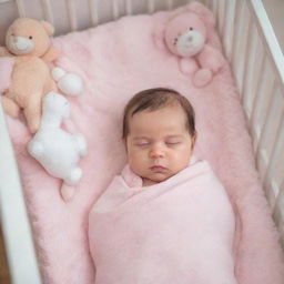 An adorable baby girl, wrapped in a soft pastel pink blanket, peacefully sleeping in a baby cot surrounded by plush soft toys.