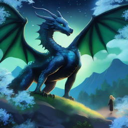 A majestic black dragon with dark blue eyes soaring through the night sky