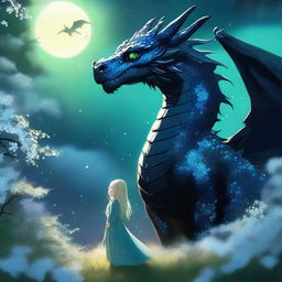 A majestic black dragon with dark blue eyes soaring through the night sky