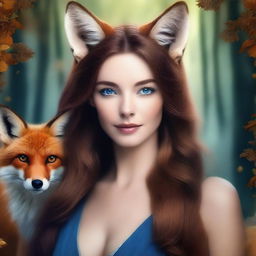 A woman with brown hair and blue eyes is in the process of transforming into a brown fox