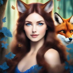 A woman with brown hair and blue eyes is in the process of transforming into a brown fox