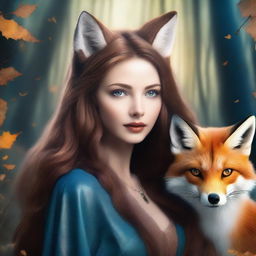 A woman with brown hair and blue eyes is in the process of transforming into a brown fox