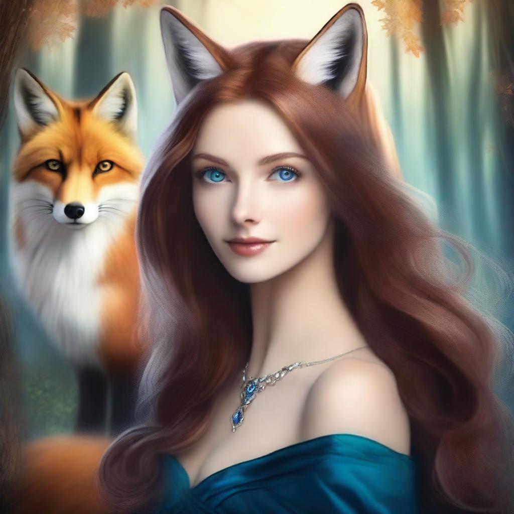 A woman with brown hair and blue eyes is in the process of transforming into a brown fox