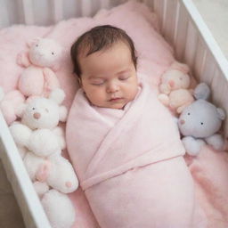 An adorable baby girl, wrapped in a soft pastel pink blanket, peacefully sleeping in a baby cot surrounded by plush soft toys.