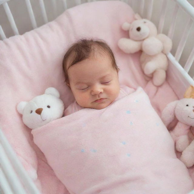 An adorable baby girl, wrapped in a soft pastel pink blanket, peacefully sleeping in a baby cot surrounded by plush soft toys.