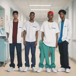 Anime-style depiction of four tall, slim rapper boys standing in a bustling hospital setting, with expressions of concern and empathy.