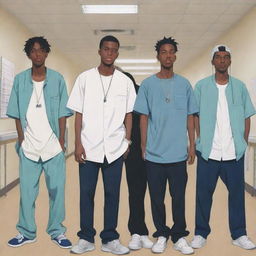 Anime-style depiction of four tall, slim rapper boys standing in a bustling hospital setting, with expressions of concern and empathy.