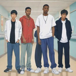 Anime-style depiction of four tall, slim rapper boys standing in a bustling hospital setting, with expressions of concern and empathy.