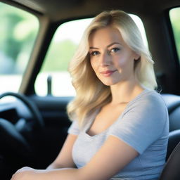 A pretty blonde woman with big breasts, sitting in the driver's seat of a car