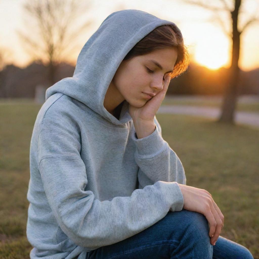 A contemplative youth, kissed by the sunlight, in a state of introspective solitude at dusk. The figure is wearing casual attire: jeans and a hoodie, reflecting a relaxed yet troubled demeanor, conveying a sense of thoughtfulness and resilience.