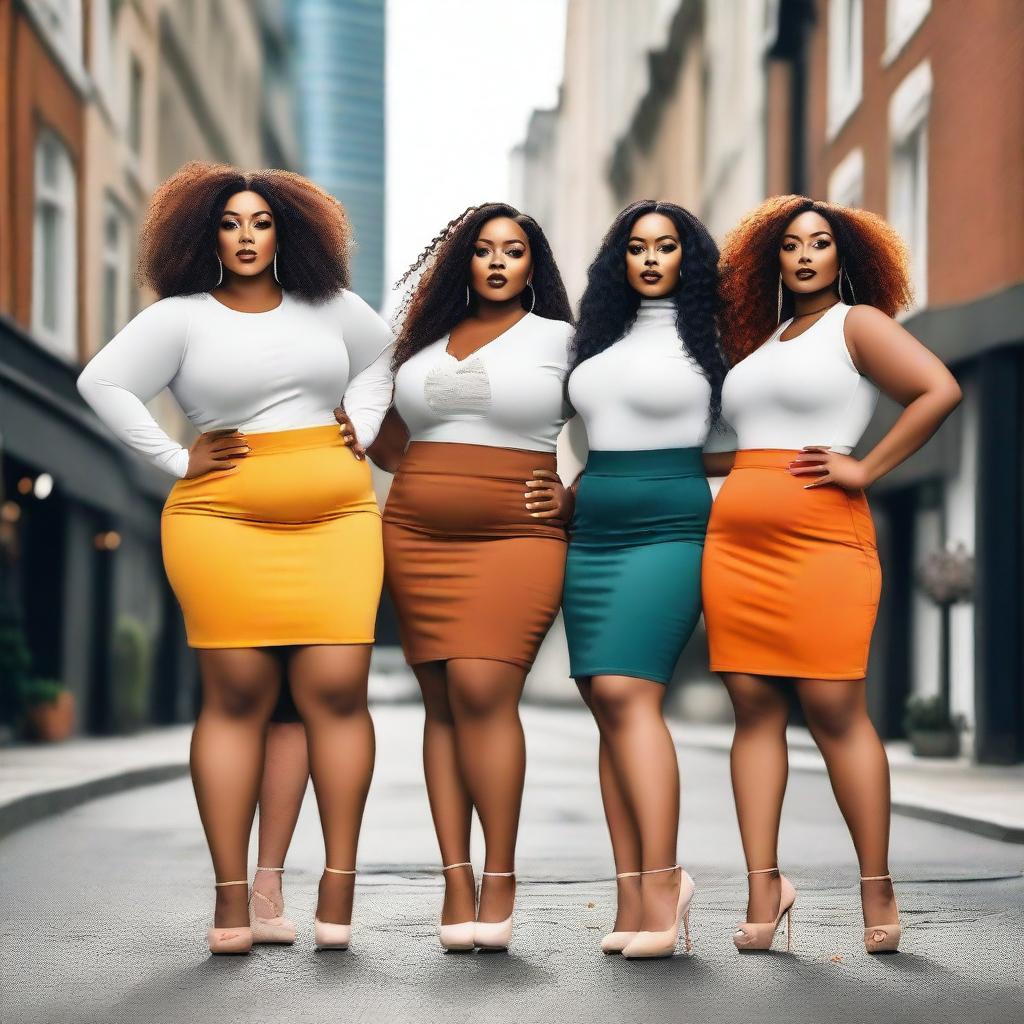 A group of curvy women wearing stylish mini skirts, standing confidently with a cityscape background