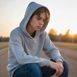 A contemplative youth, kissed by the sunlight, in a state of introspective solitude at dusk. The figure is wearing casual attire: jeans and a hoodie, reflecting a relaxed yet troubled demeanor, conveying a sense of thoughtfulness and resilience.