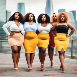 A group of curvy women wearing stylish mini skirts, standing confidently with a cityscape background