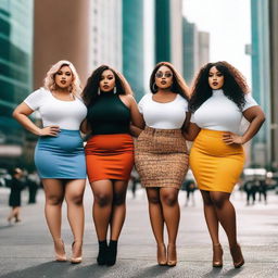 A group of curvy women wearing stylish mini skirts, standing confidently with a cityscape background