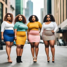 A group of curvy women wearing stylish mini skirts, standing confidently with a cityscape background