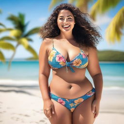 A curvy woman in a stylish bikini standing confidently on a sunny beach