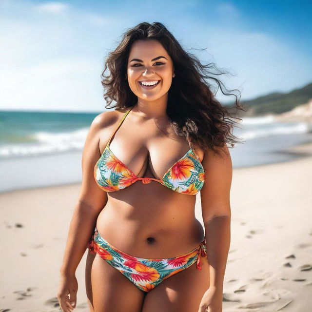 A curvy woman in a stylish bikini standing confidently on a sunny beach