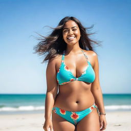 A curvy woman in a stylish bikini standing confidently on a sunny beach