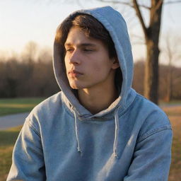 A contemplative youth, kissed by the sunlight, in a state of introspective solitude at dusk. The figure is wearing casual attire: jeans and a hoodie, reflecting a relaxed yet troubled demeanor, conveying a sense of thoughtfulness and resilience.