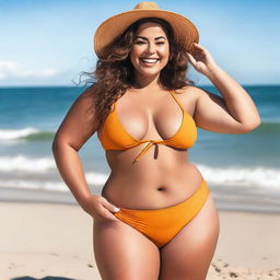 A curvy woman in a stylish bikini standing confidently on a sunny beach