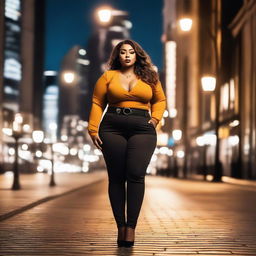 A curvy woman dressed in a fashionable and trendy outfit, exuding confidence and allure