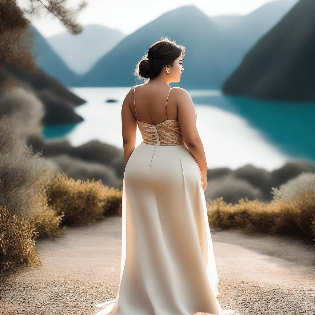 A curvy woman posing with her back to the camera, wearing a stylish and elegant outfit