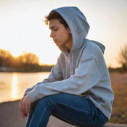 A contemplative youth, kissed by the sunlight, in a state of introspective solitude at dusk. The figure is wearing casual attire: jeans and a hoodie, reflecting a relaxed yet troubled demeanor, conveying a sense of thoughtfulness and resilience.