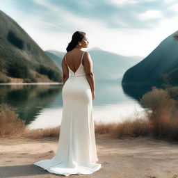 A curvy woman posing with her back to the camera, wearing a stylish and elegant outfit