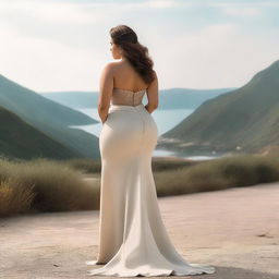 A curvy woman posing with her back to the camera, wearing a stylish and elegant outfit