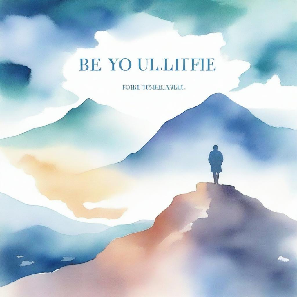 A dreamy watercolor illustration portraying a figure standing atop a mountain, reaching towards the sky, with the title 'BE-YOU-TILL-FULL' written in elegant script font across the horizon