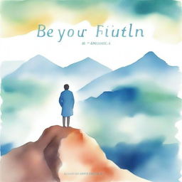 A dreamy watercolor illustration portraying a figure standing atop a mountain, reaching towards the sky, with the title 'BE-YOU-TILL-FULL' written in elegant script font across the horizon