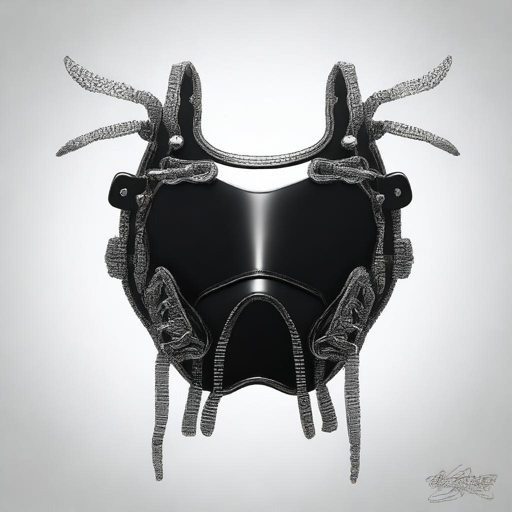 A detailed illustration of a leather BDSM mask with multiple zippers